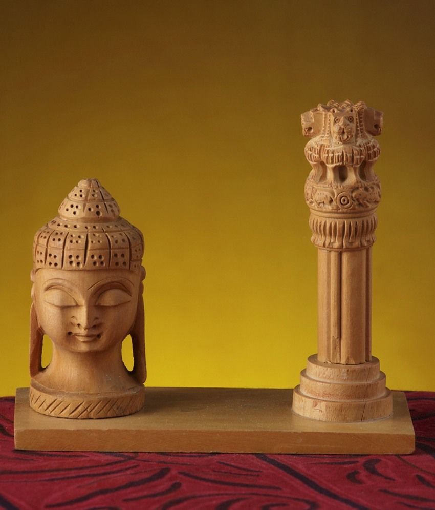 Aapno Rajasthan Brown Wood Buddha Head And Indian Emblem Table Stand
