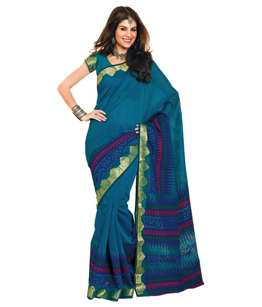 blue simple plain saree