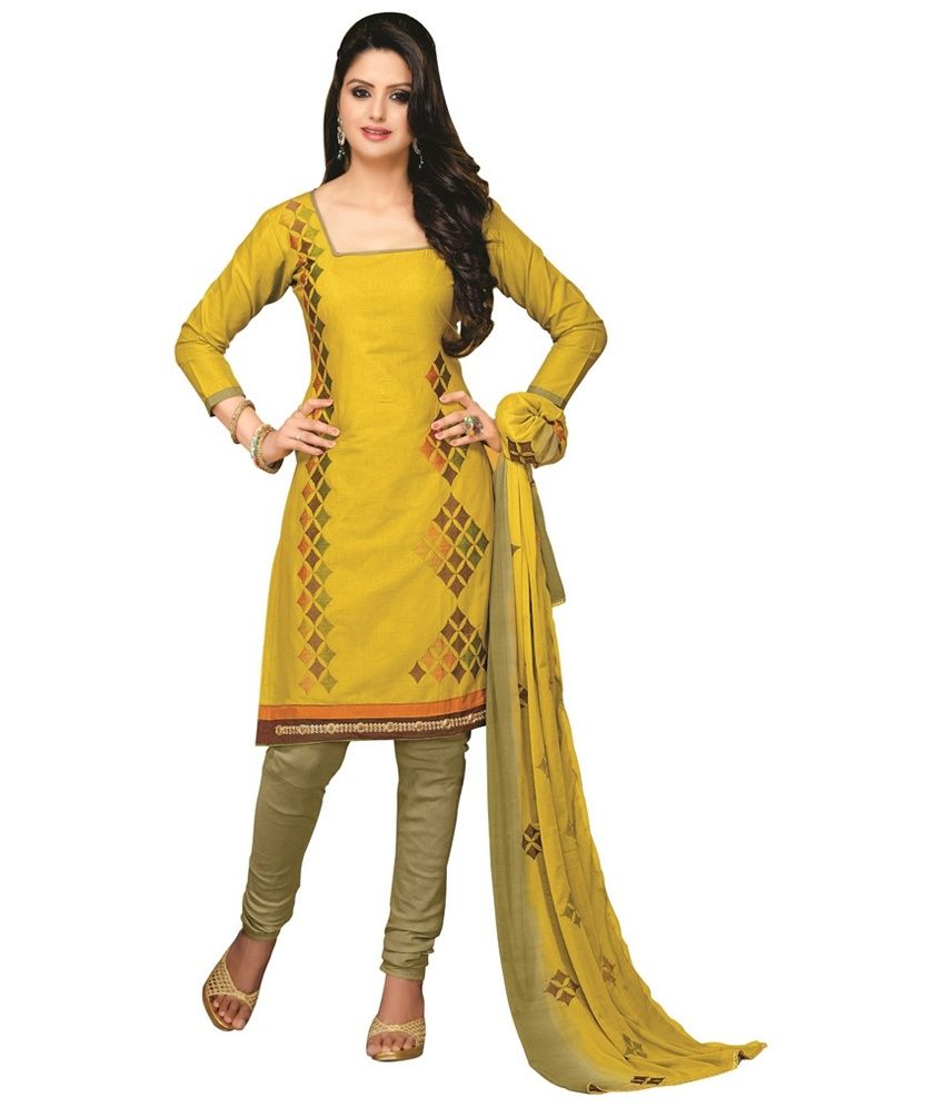 365Labels Yellow Cotton Embroidered Dress Material Buy 365Labels