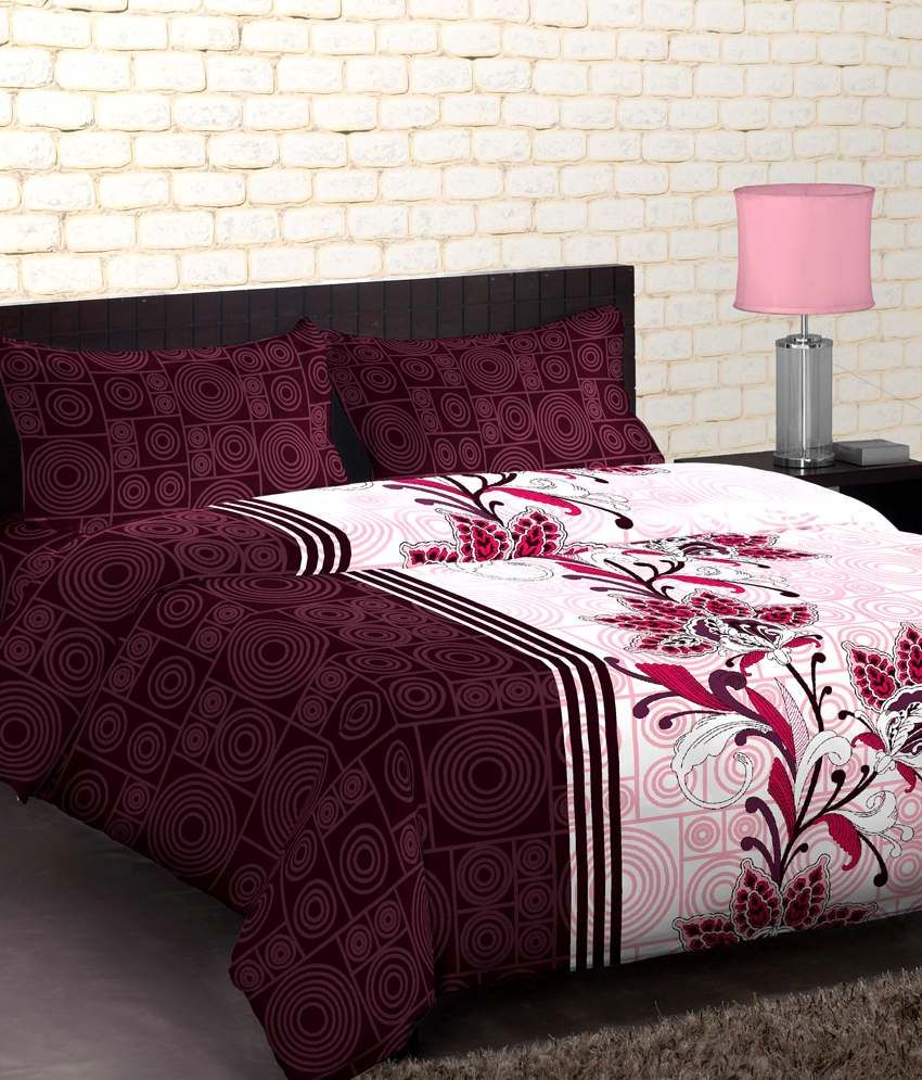 Portico Red Floral Cotton Double Bed Sheet With 2 Pillow Covers