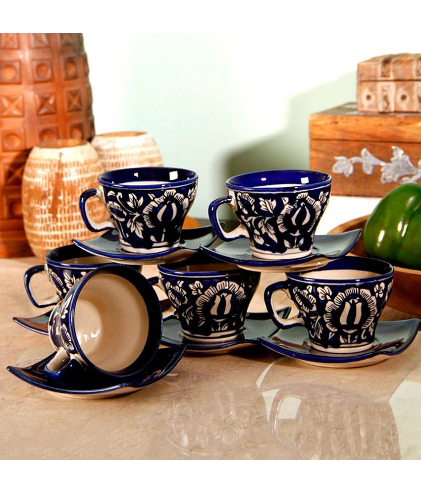     			Unravel India Handpainted Blue Stoneware Cup & Saucer Set Of 6