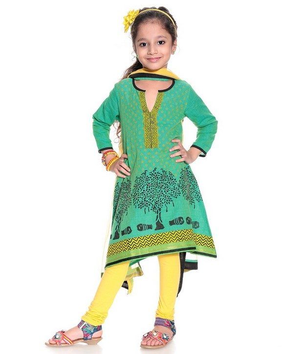 Biba Full Sleeves Green Color Printed Churidar Kurti Set For Kids Buy