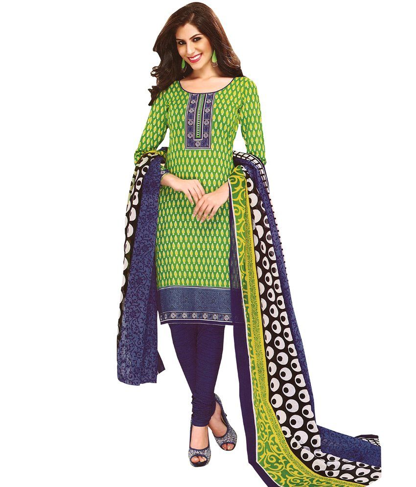 Nikshi Green Cotton Unstitched Dress Material - Buy Nikshi Green Cotton ...