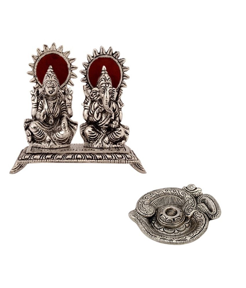     			eCraftIndia Silver White Metal Lakshmi Ganesha Statue And Incense Stick Holder (2 Piece)