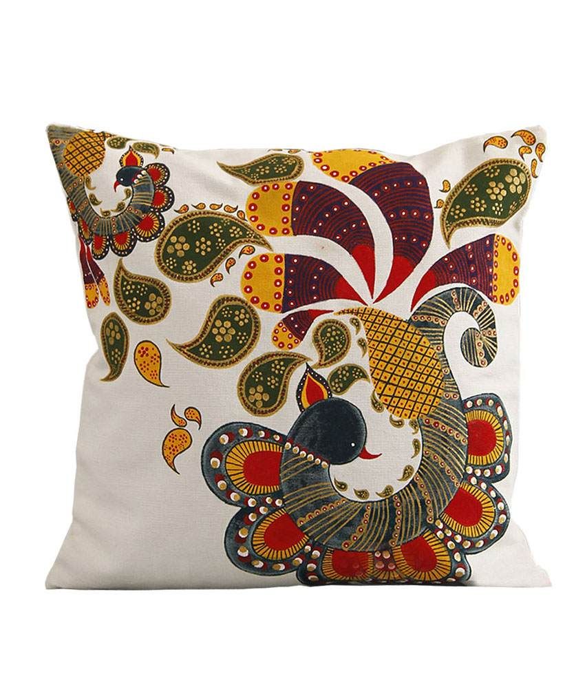 Rang Rage Miniature Peacock White Cotton Hand Painted Cushion Cover: Buy  Online at Best Price | Snapdeal