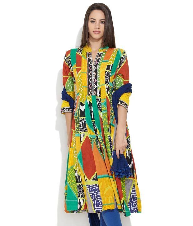 Rain And Rainbow Yellow Mix Match Printed Kalidar Kurta Buy Rain 
