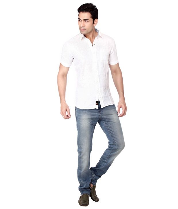 white linen shirt and jeans