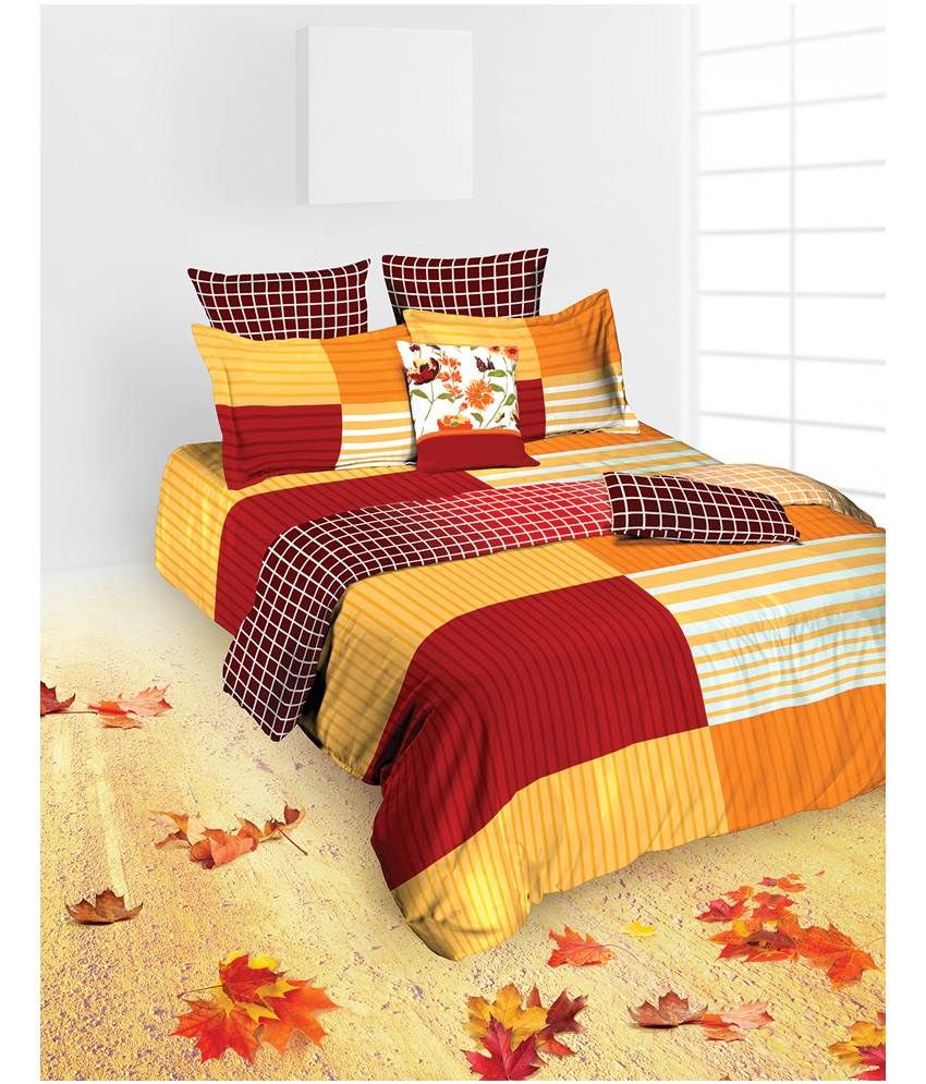 Tangerine Multicolour Contemporary Cotton King Size Bed Sheet With 2 Pillow Covers Buy