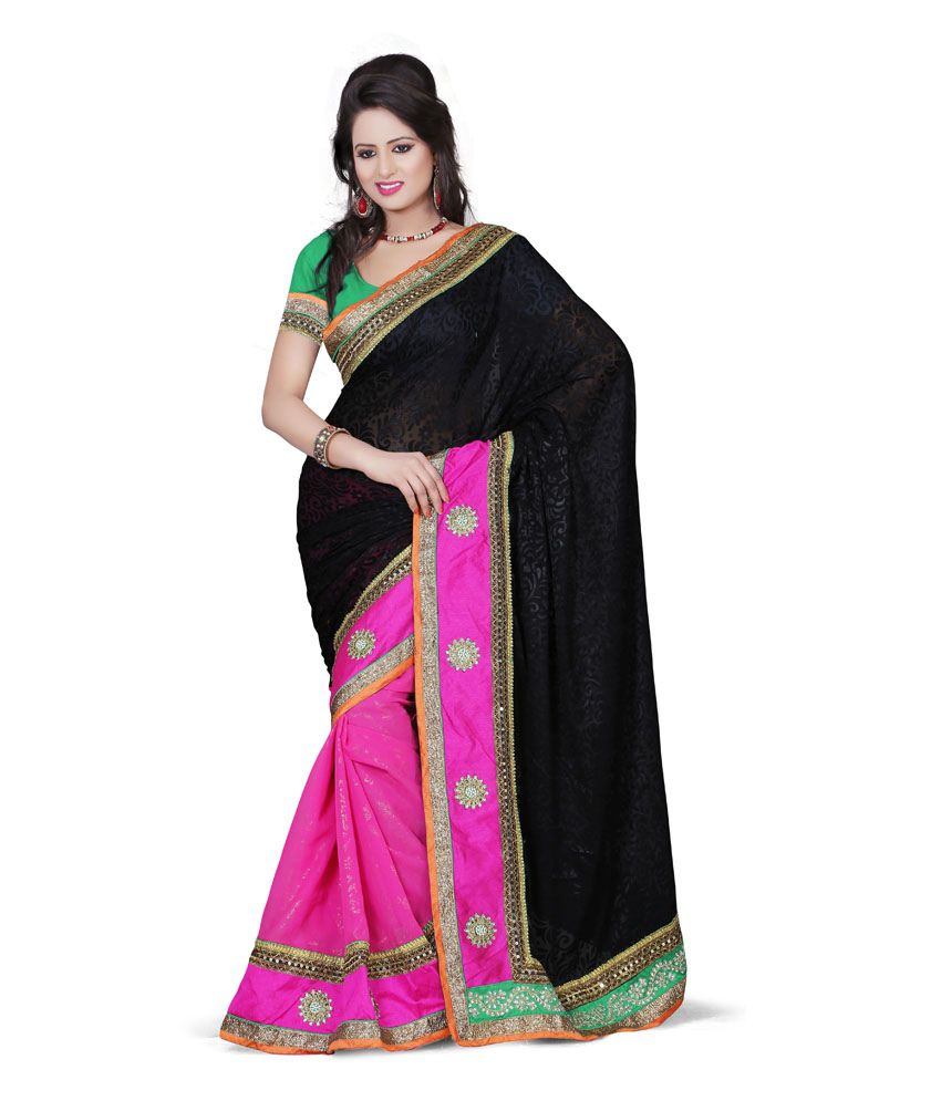 Aanchal Fashion Black Brasso Embroidered Saree With Blouse Piece Buy