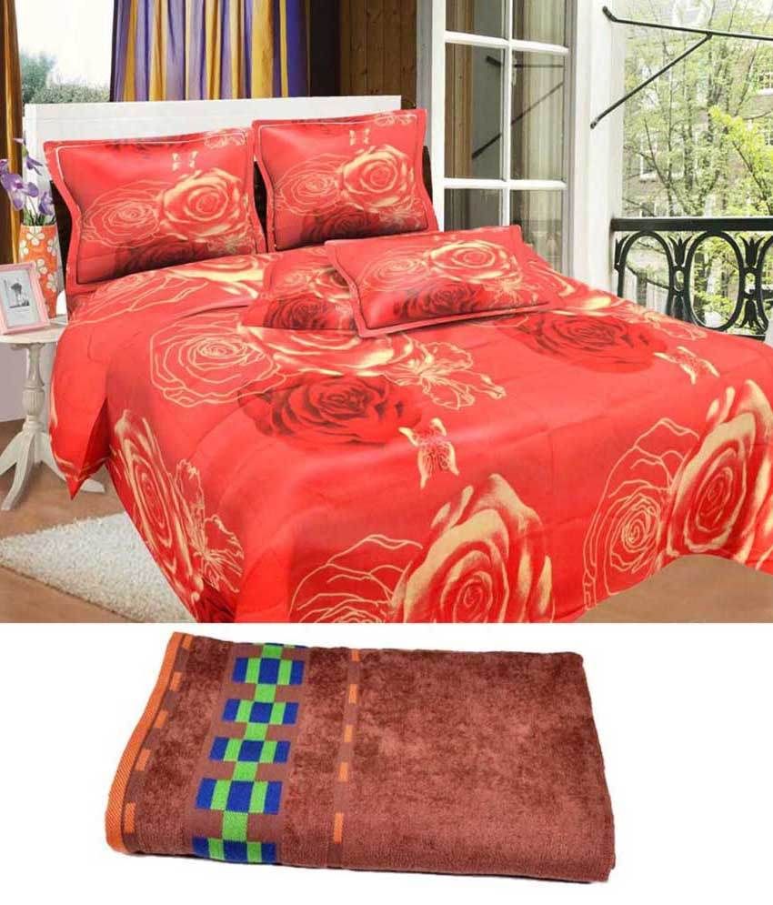 Bombay Dyeing Red Double Bedsheet With 2 Pillow Covers And 1 Full Bath