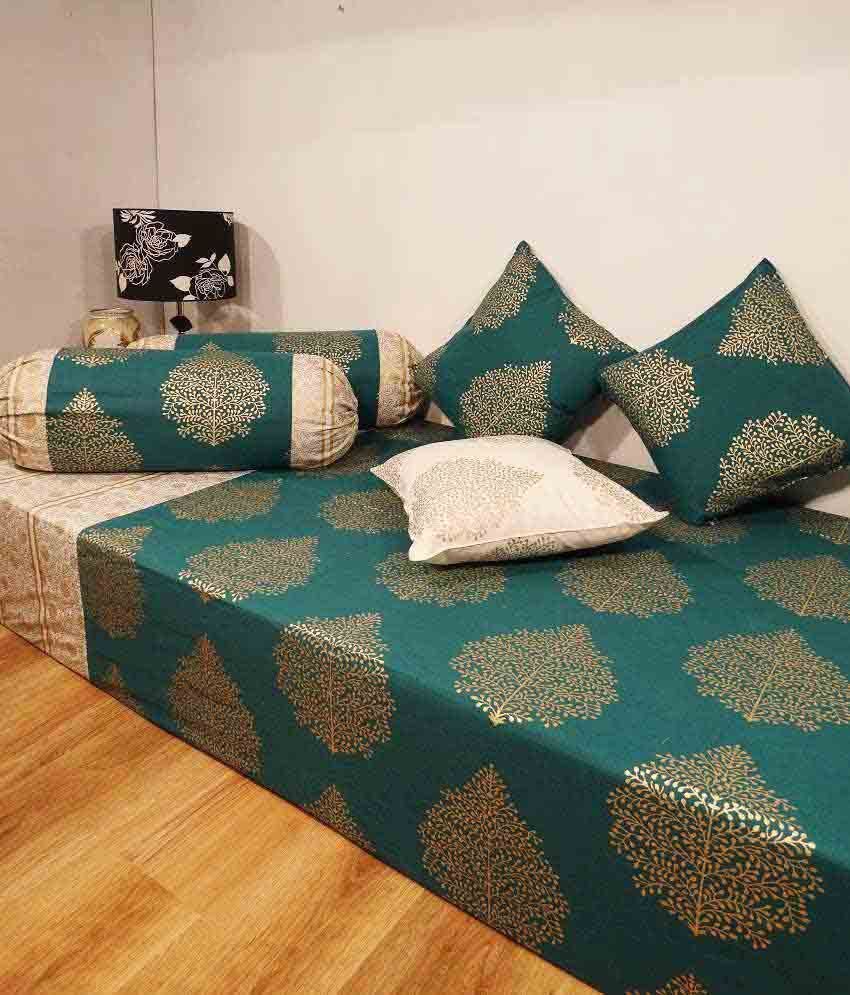     			Heritage Blue Ethnic Cotton Diwan Set (single Bed Sheet W/3 Cushion Covers & 2 Bolster Covers)