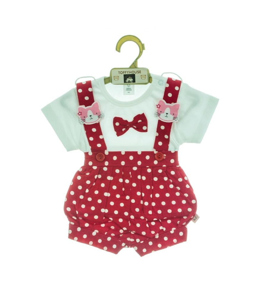 Toffy House Red Polka Dotted Kitty baby dungaree Set Buy Toffy House