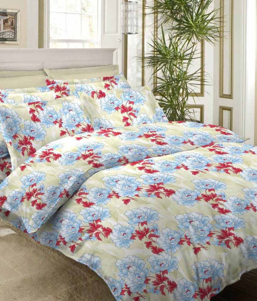 Bombay Dyeing Blue And Pink Floral Cotton Double Bedsheet With 2 Pillow