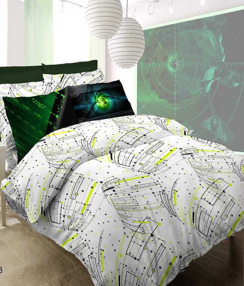 Bombay Dyeing White Printed Cotton Double Bed Sheet With 2 Pillow