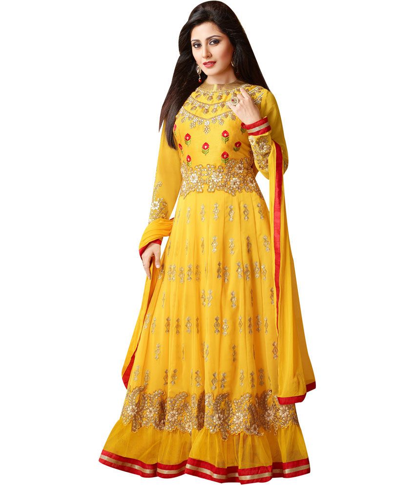 Designerr Anarkali Suit Yellow Georgette Unstitched Dress Material ...