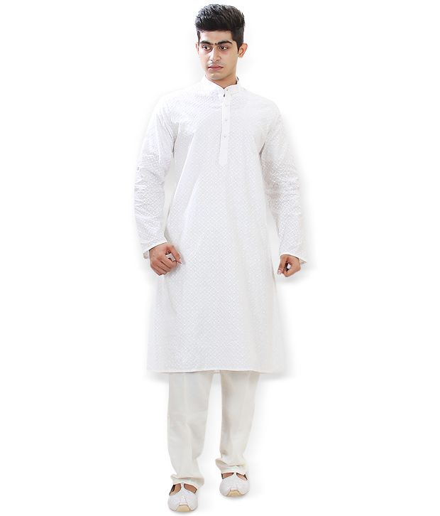 Panache India Designer White Chicken Kurta Pyjama - Buy Panache India ...