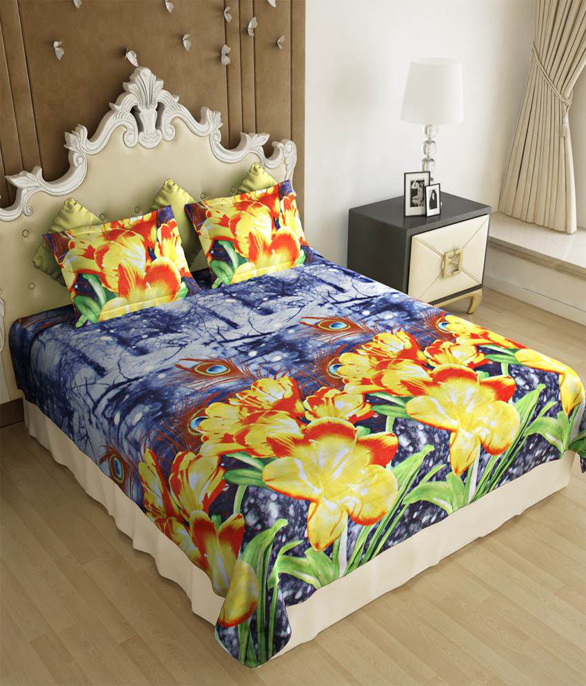     			Home Candy 3D Yellow & Blue Floral Poly Cotton Double Bed Sheet With 2 Pillow Covers