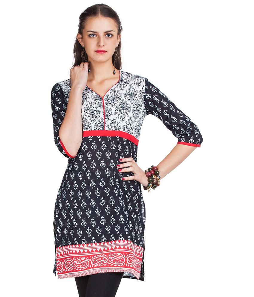 Zovi Black And Red Printed Cotton Kurti - Buy Zovi Black And Red ...