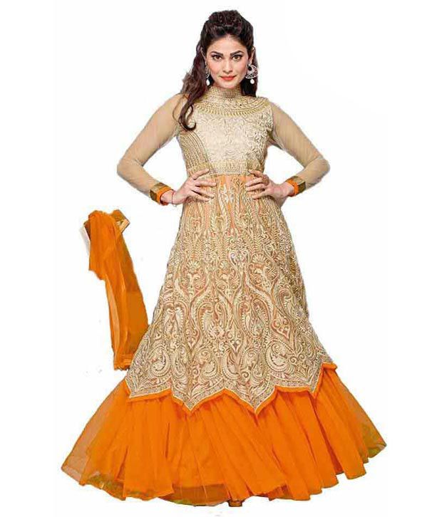 Veera Fab Orange Embroidered Net Anarkali Dress Material - Buy Veera ...