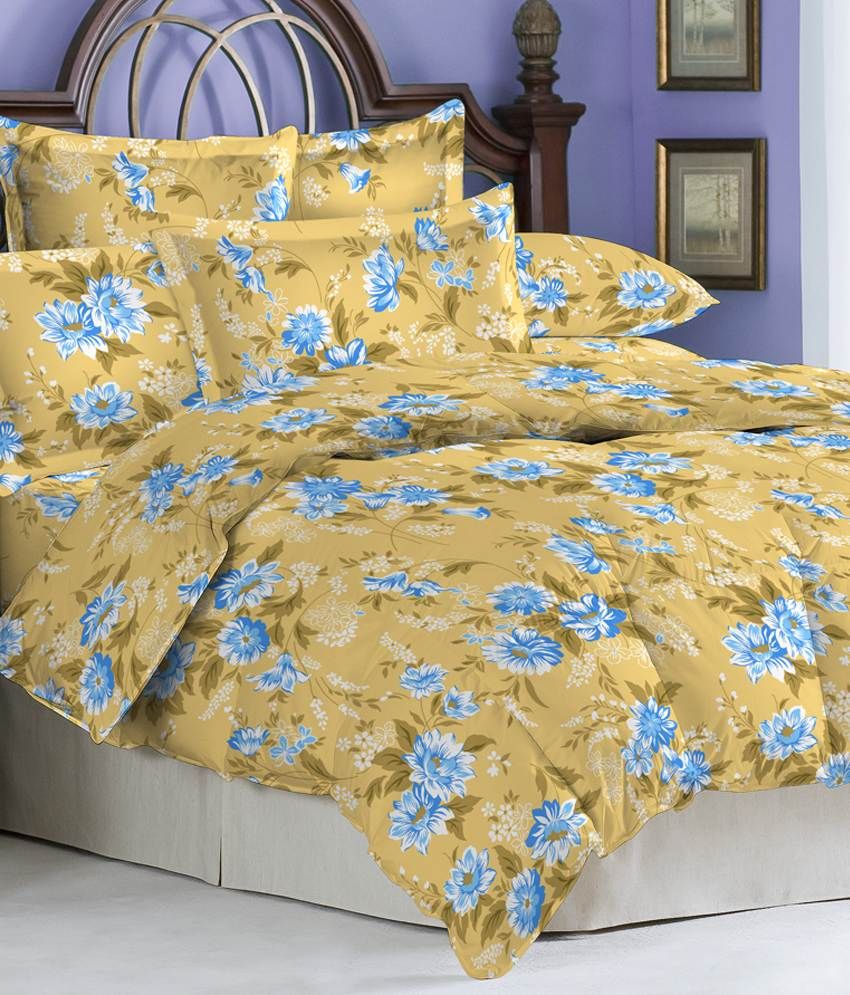 Bombay Dyeing Beige Floral Poly Cotton Double Bed Sheet With 2 Pillow
