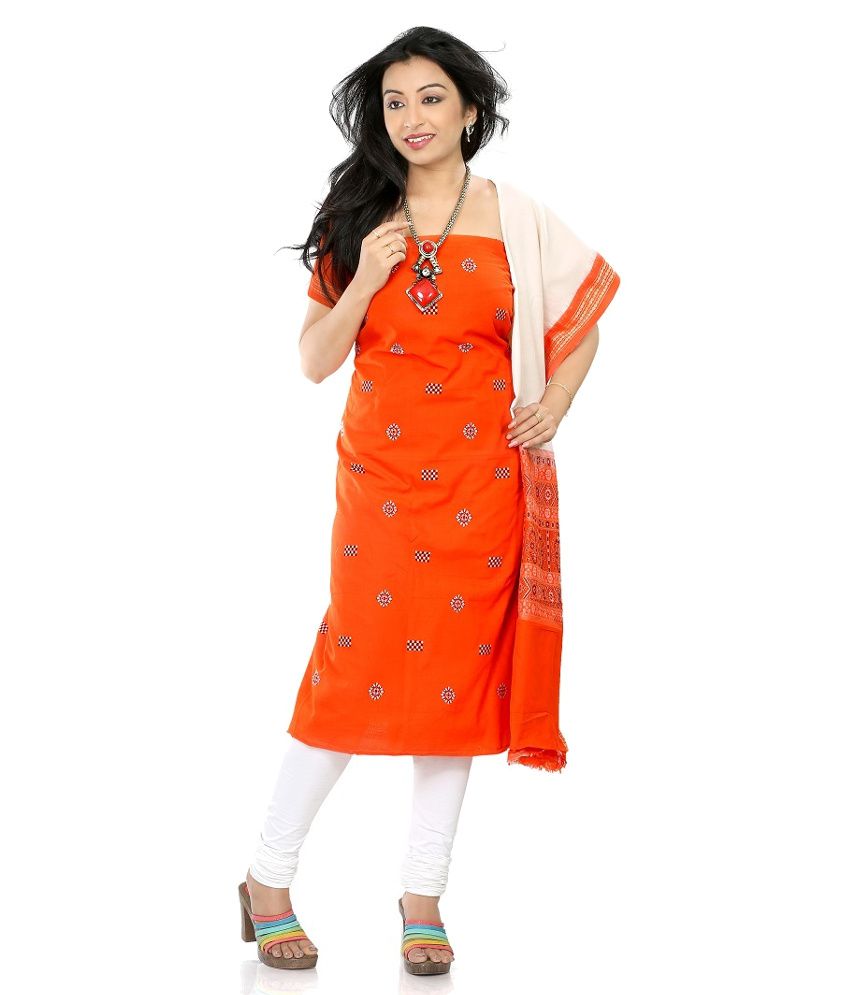 Fashion Handloom White and Orange Cotton Unstitched Dress Material ...