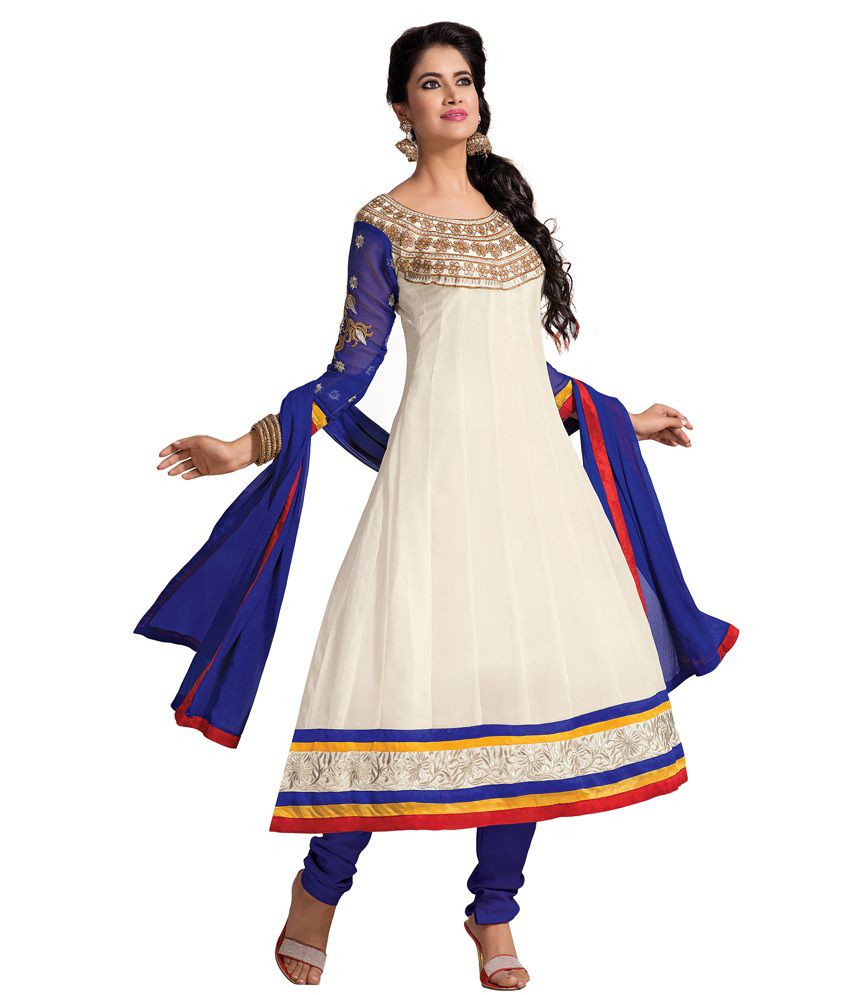 Riti Riwaz White Cotton Embroidered Anarkali Dress Material - Buy Riti ...
