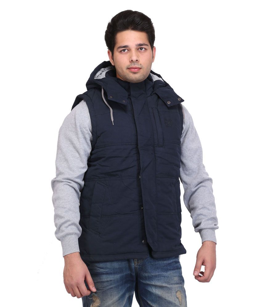 Colin's Navy Blue Cut Sleeves Hooded Jacket - Buy Colin's Navy Blue Cut ...