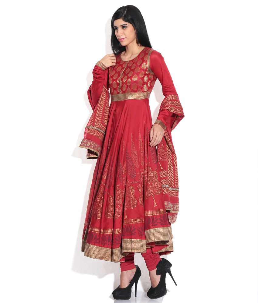 Biba Red Buti Stitched Anarkali Salwar 