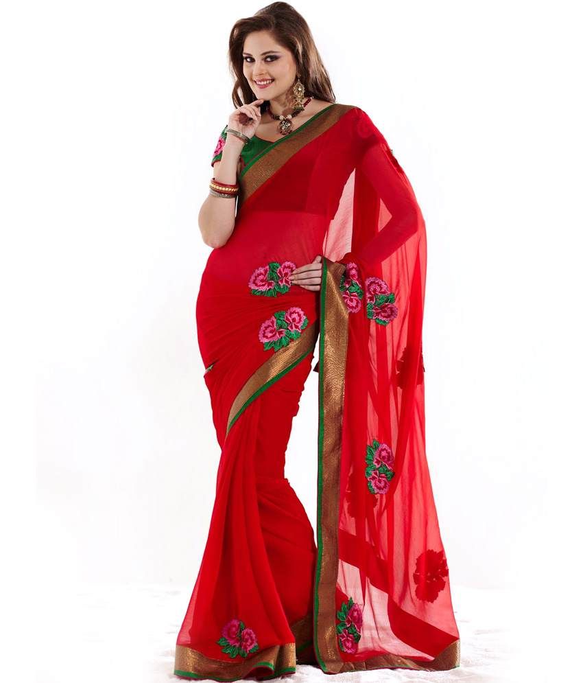 red net saree with golden blouse