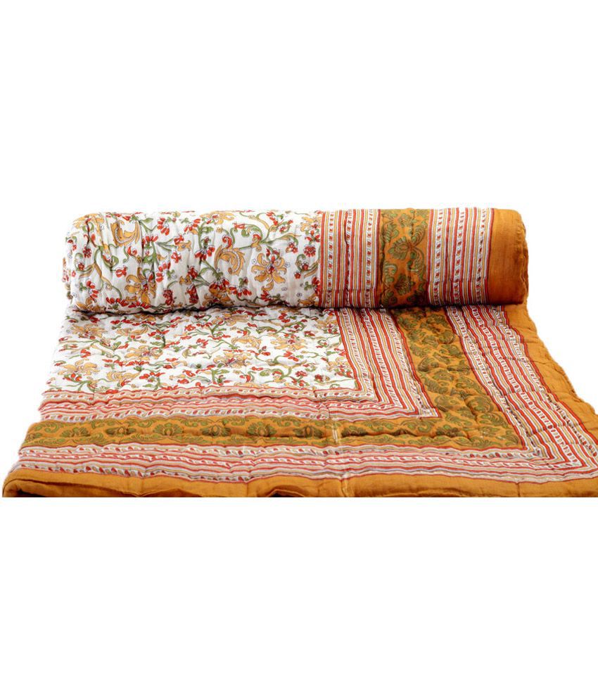    			Grj India Yellow Cotton Printed Single Bed Quilt