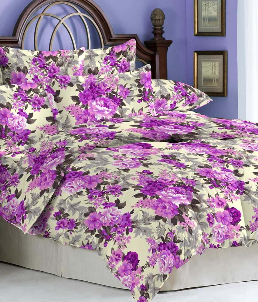 Bombay Dyeing White Floral Cotton Double Bed Sheet With 2 Pillow Covers