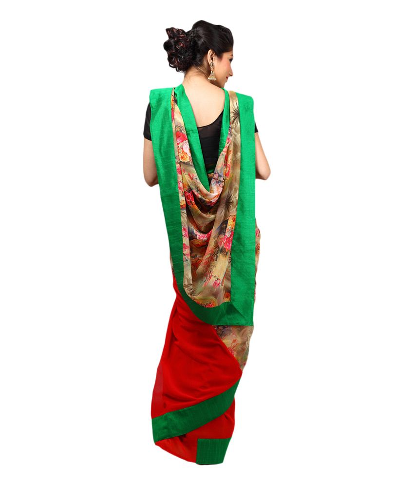Designer Kapde Green and Red Chiffon Saree Buy Designer Kapde Green