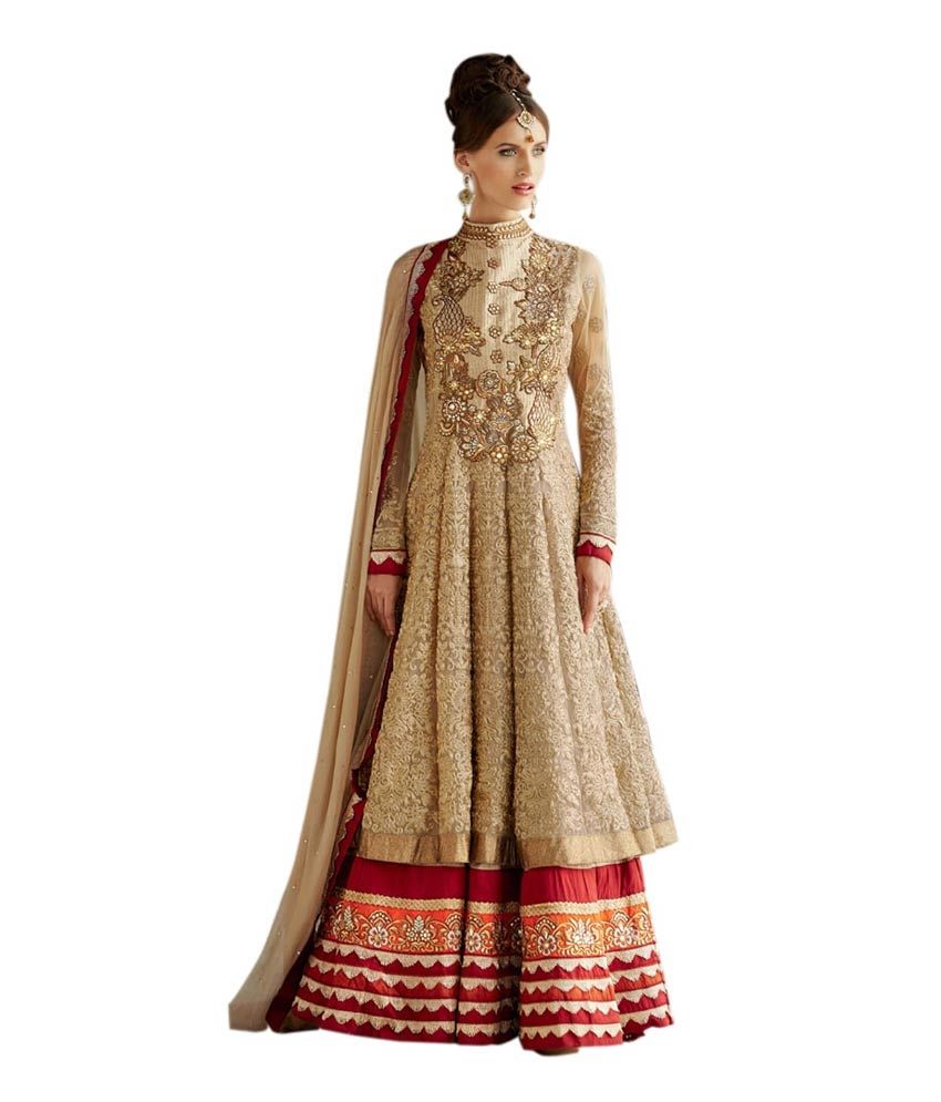 Vrishti Fashion Beige Pure Georgette Anarkali Semi-Stitched Dress ...