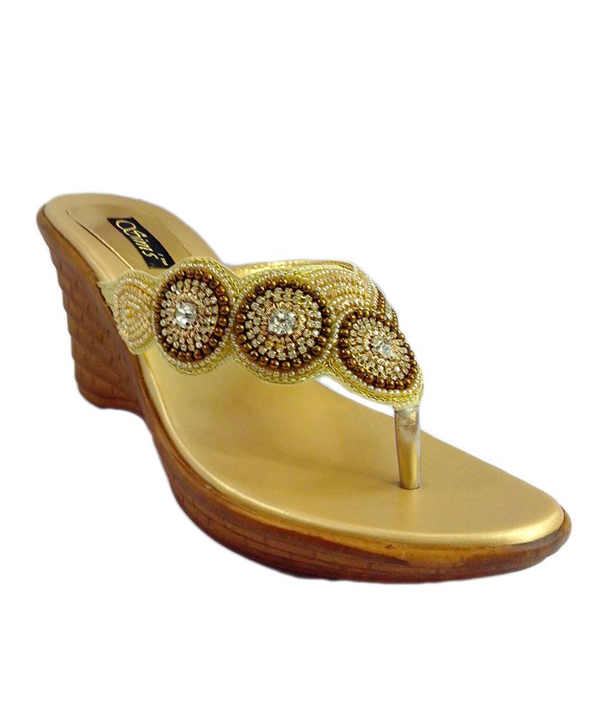 Shoe Centre Embroidary V Strap Back Open Medium Heel Gold Sandal For ...