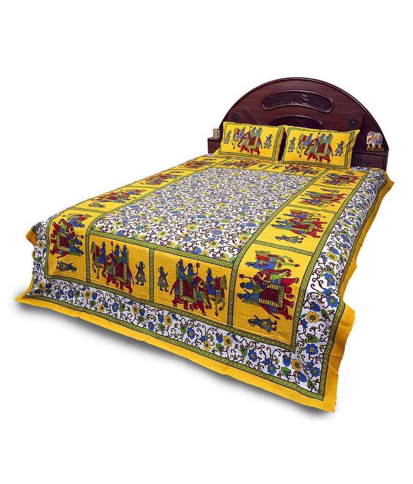     			Little India Yellow Printed Cotton 1 Double Bedsheet, 2 Pillow Covers