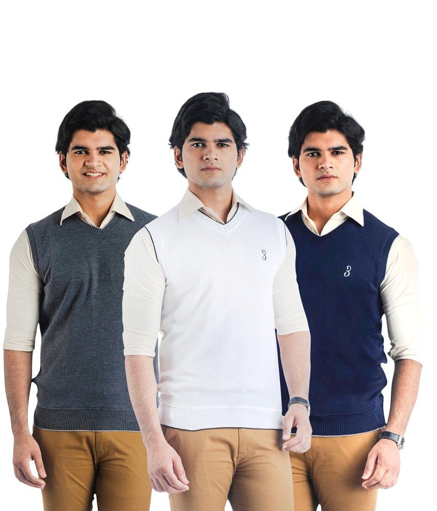 Ble White Woollen Blend V-neck Sweaters 
