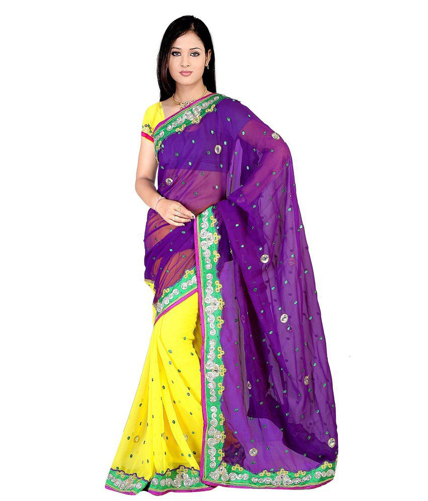 Kasish Designer Saree Yellow and Purple Chiffon Saree - Buy Kasish ...