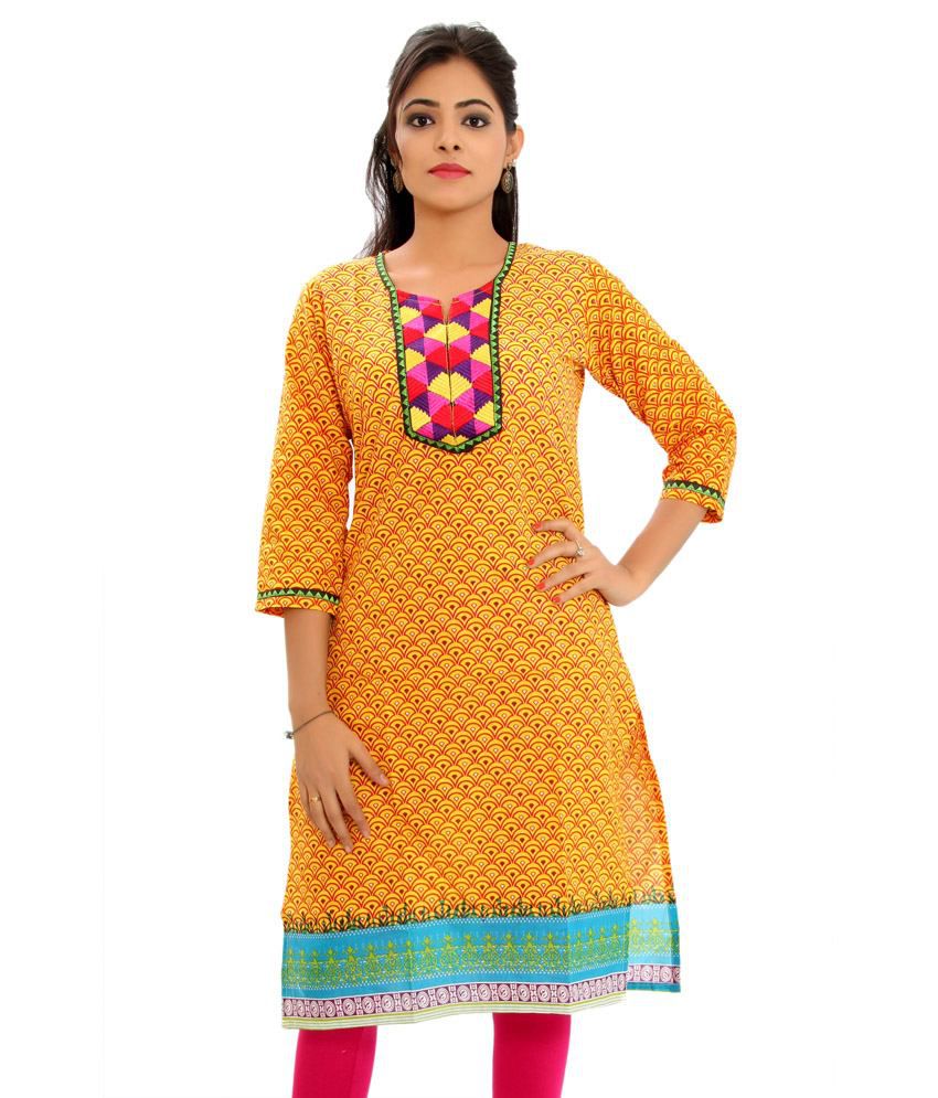 Aawari Yellow Cotton Embroidered Kurti - Buy Aawari Yellow Cotton ...