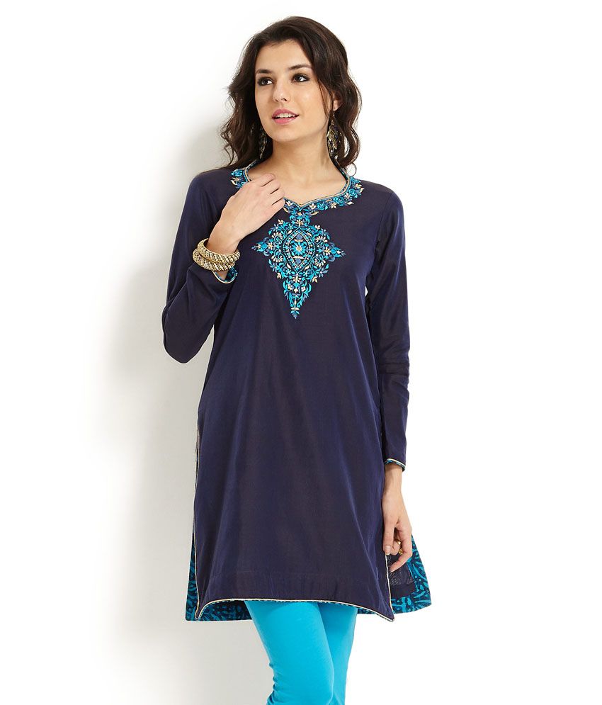 Soch Blue Cotton Printed Short Kurti - Buy Soch Blue Cotton Printed Short Kurti Online at Best 