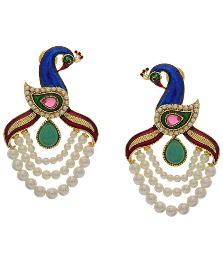 Hyderabad Jewels Blue & Green Peacock Design Pearl Hanging Earrings ...