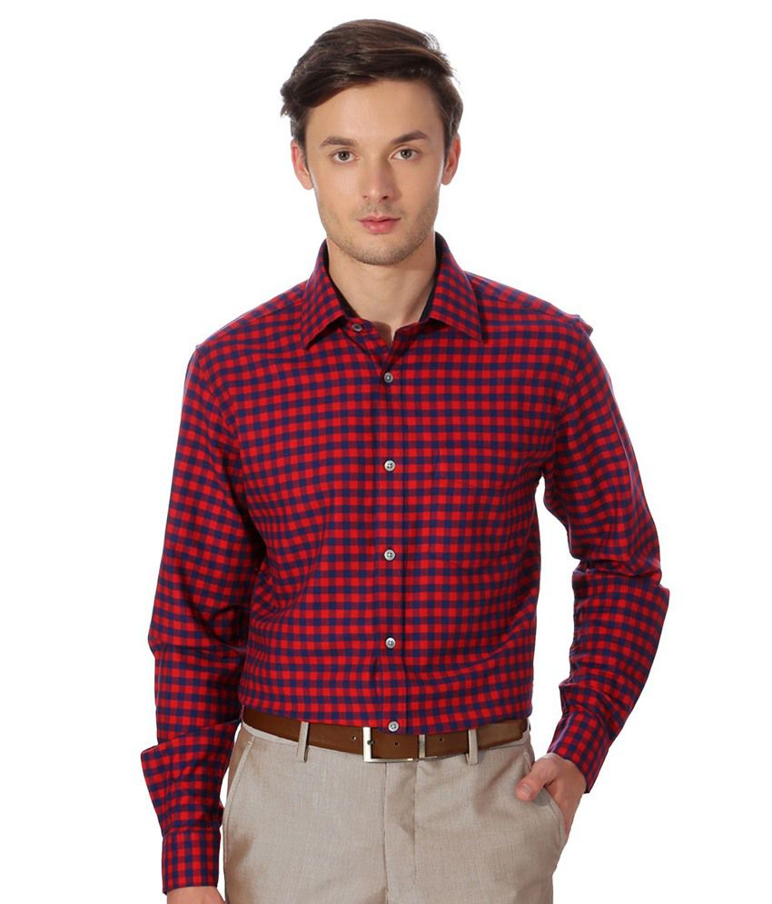 Peter England Red Cotton Herringbone Check Shirt - Buy Peter England ...