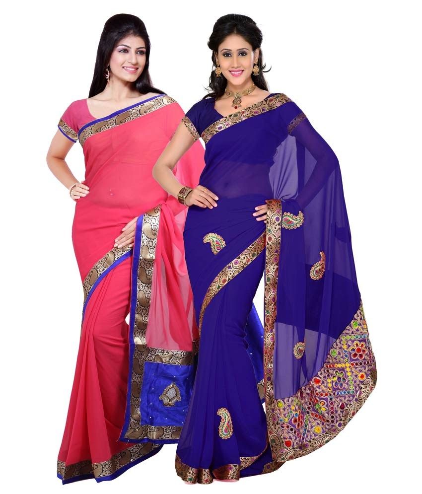 Ishin Multicolour Georgette Sarees With Blouse Piece Combo Of 2 Buy