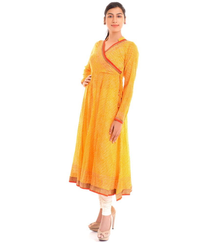 Naksh Jaipur Ethenic Cotton Yellow Angrakha Anarkali Kurta - Buy Naksh ...