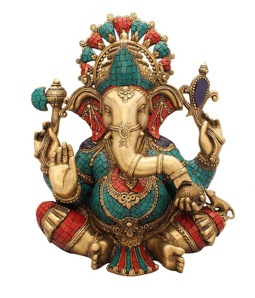 Statuestudio Ganesh Idol Brass Idol Turquoise Coral Religious 