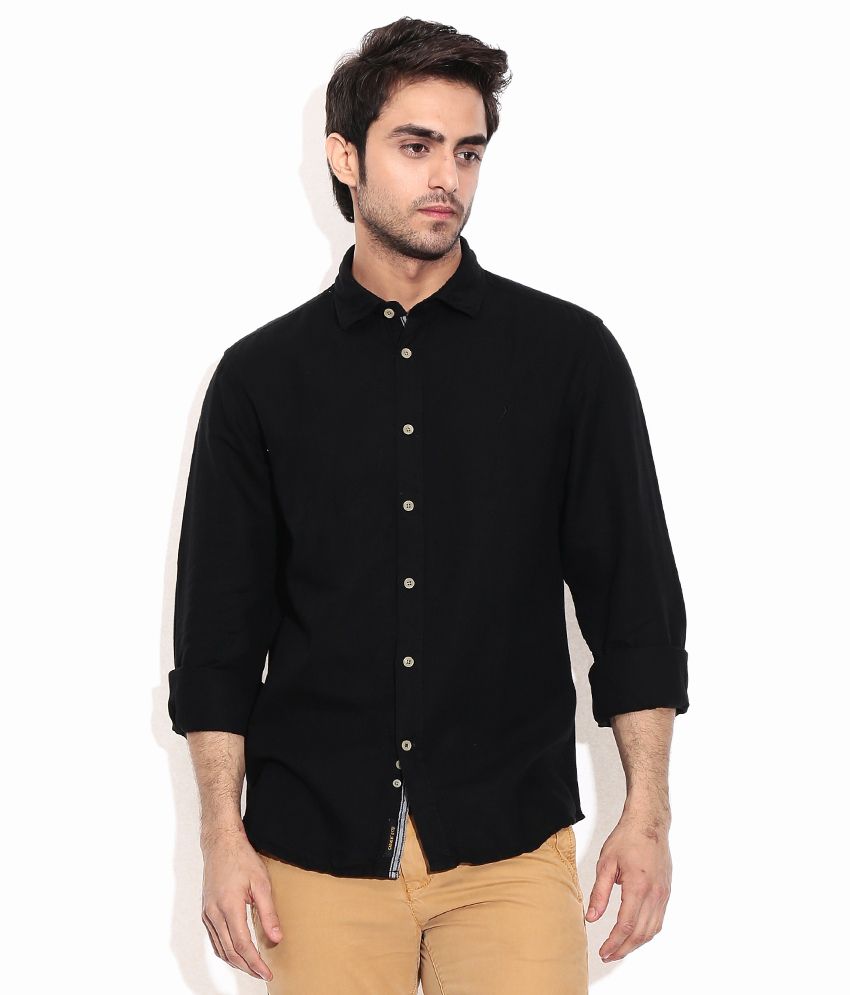 Indian Terrain Black Linen Blend Solids Casuals Men'S Shirt - Buy ...