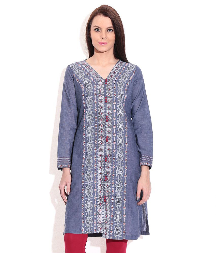 Rangriti Blue Cotton V-neck Kurti - Buy Rangriti Blue Cotton V-neck Kurti Online at Best Prices 