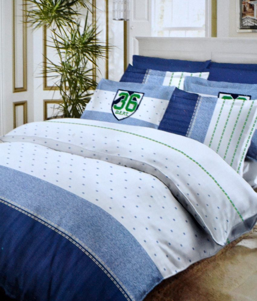 Bombay Dyeing Blue And White Printed Cotton Single Bedsheet With 1