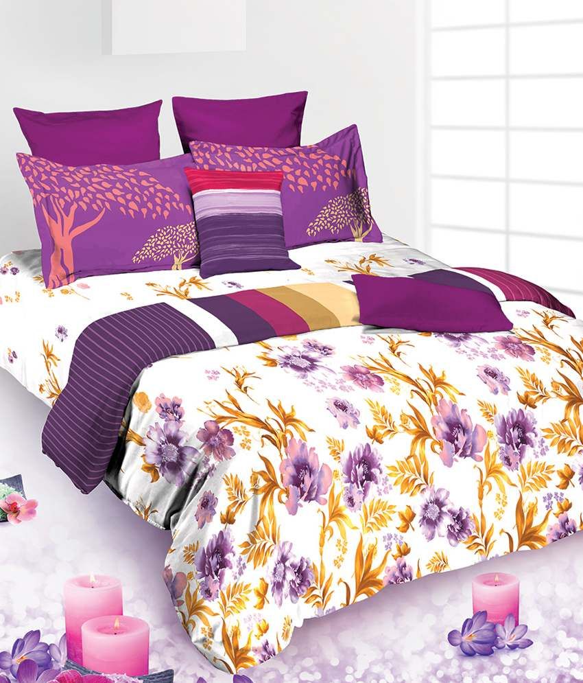 Tangerine Purple And Yellow Floral Cotton Double Bed Sheet With 2 Pillow Covers Buy Tangerine
