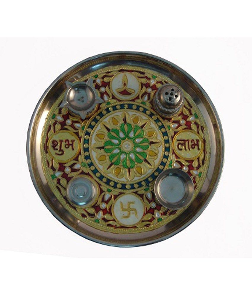 Apkamart Textured Steel Decorative Pooja Plate With Diya Buy Apkamart