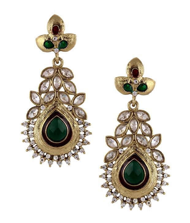     			The Jewelbox Maroon Green Meenakari American Diamond Pearl Gold Plated Earring